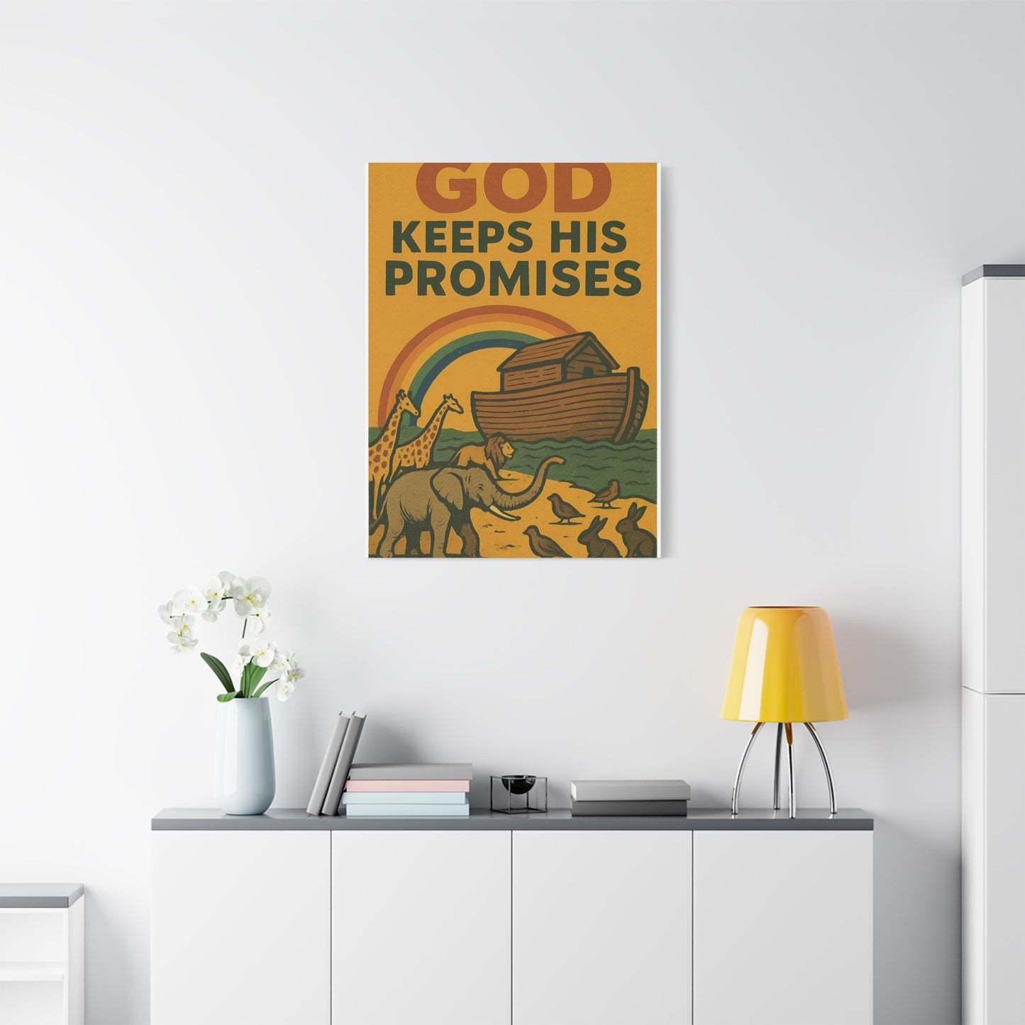 Noah’s Ark Wall Art | God Keeps His Promises Christian Poster – Rainbow Faith Illustration.