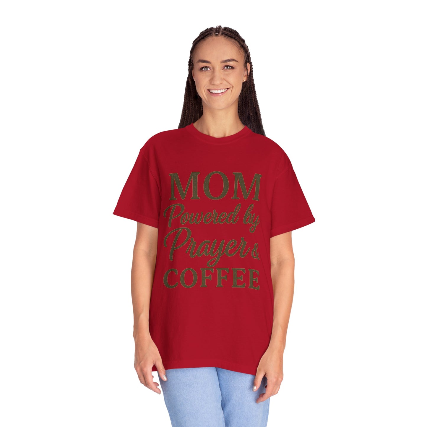 Mom Powered by Prayer & Coffee T-Shirt – Christian Faith Tee for Moms | Bold & Cozy Everyday Wear