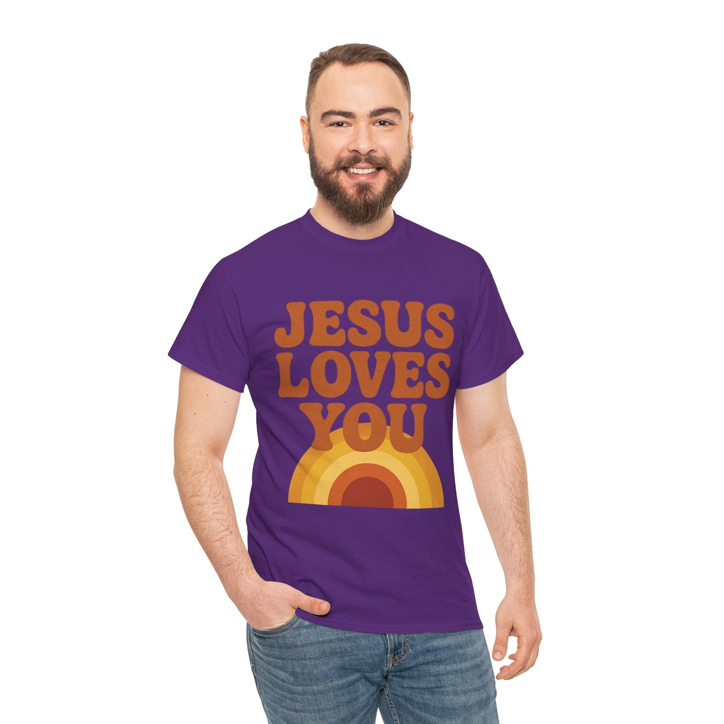 Jesus Loves You Rainbow Unisex Heavy Cotton Tee, Christian T-Shirt, Gift for Believers, Faith Apparel, Casual Wear, Spiritual Top
