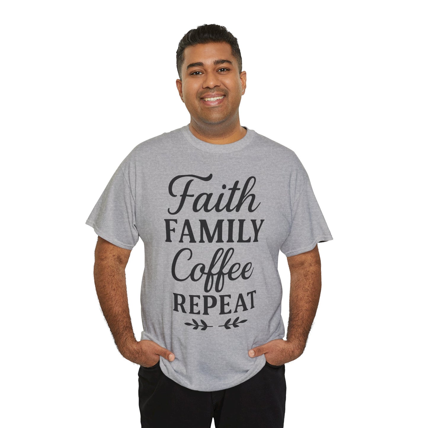 Faith Family Coffee Repeat Unisex Heavy Cotton Tee – Christian Lifestyle Shirt for Everyday Inspiration