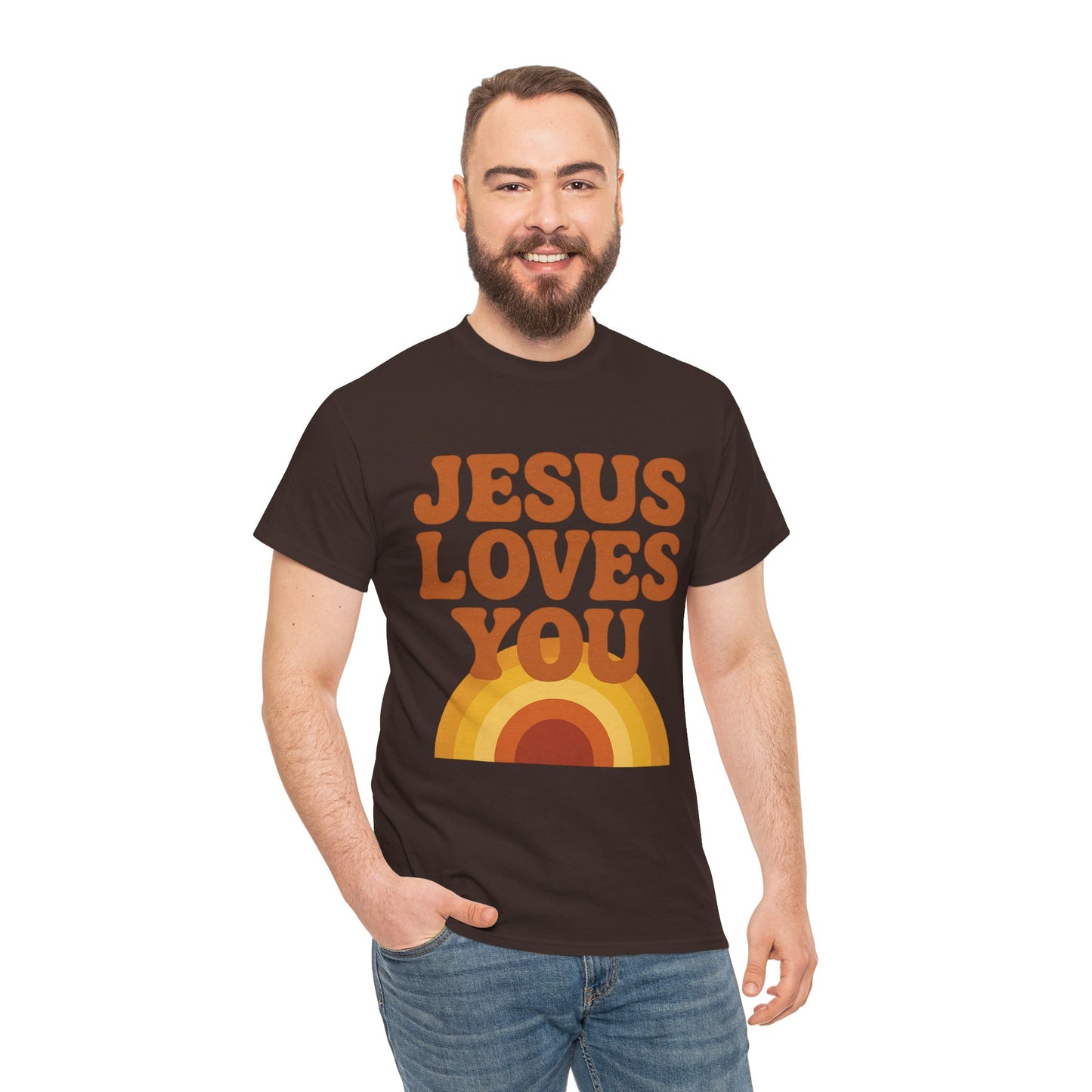 Jesus Loves You Rainbow Unisex Heavy Cotton Tee, Christian T-Shirt, Gift for Believers, Faith Apparel, Casual Wear, Spiritual Top