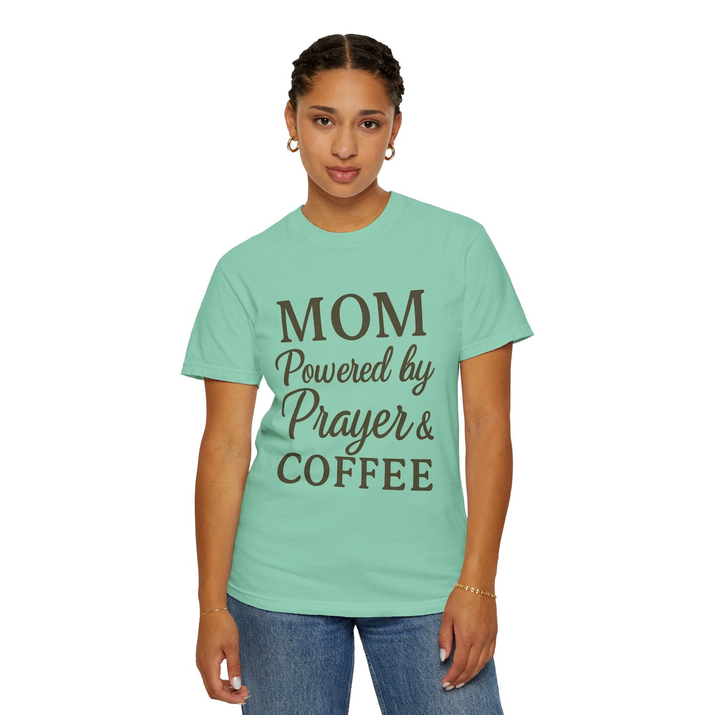 Mom Powered by Prayer & Coffee T-Shirt – Christian Faith Tee for Moms | Bold & Cozy Everyday Wear