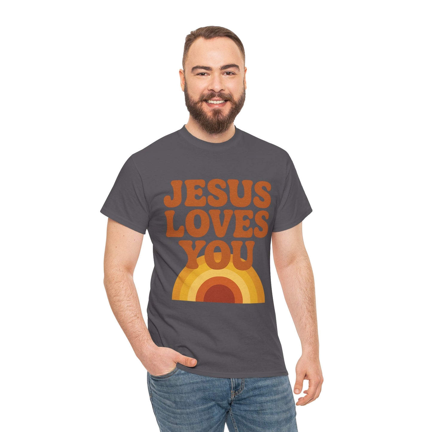 Jesus Loves You Rainbow Unisex Heavy Cotton Tee, Christian T-Shirt, Gift for Believers, Faith Apparel, Casual Wear, Spiritual Top