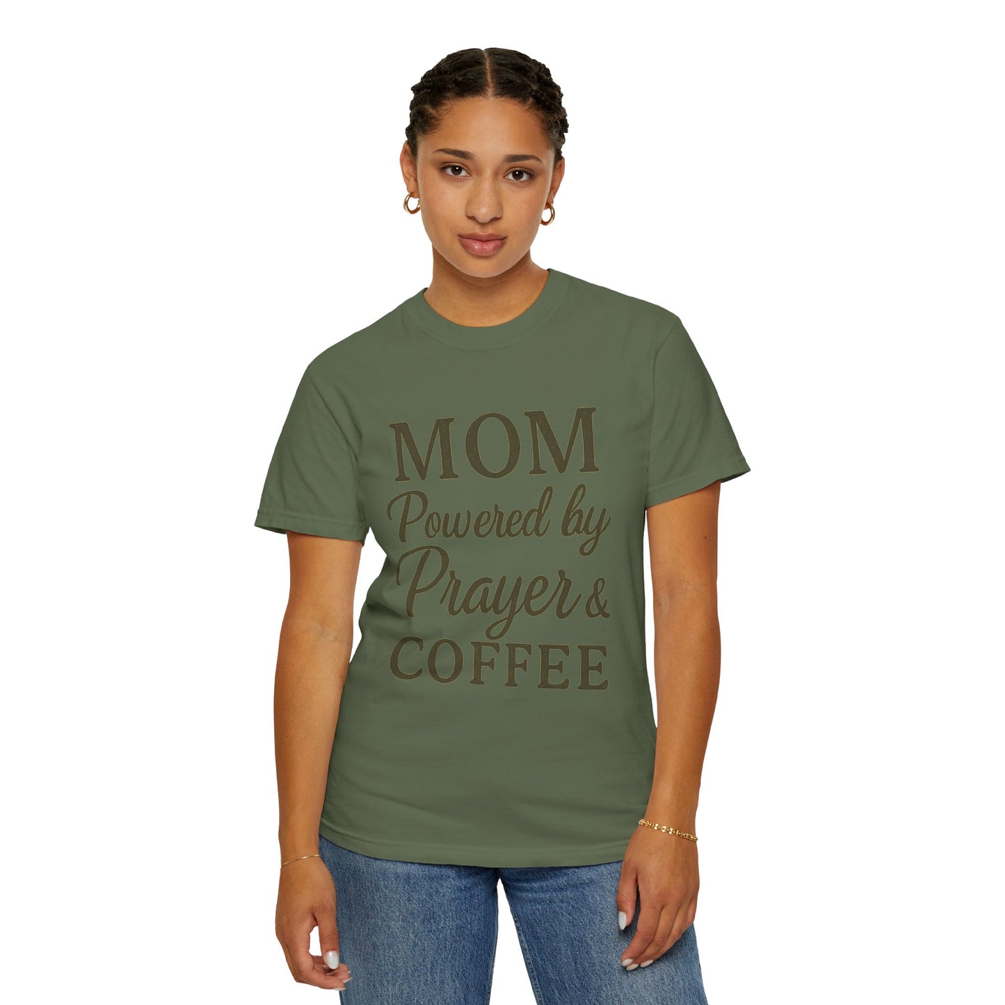 Mom Powered by Prayer & Coffee T-Shirt – Christian Faith Tee for Moms | Bold & Cozy Everyday Wear