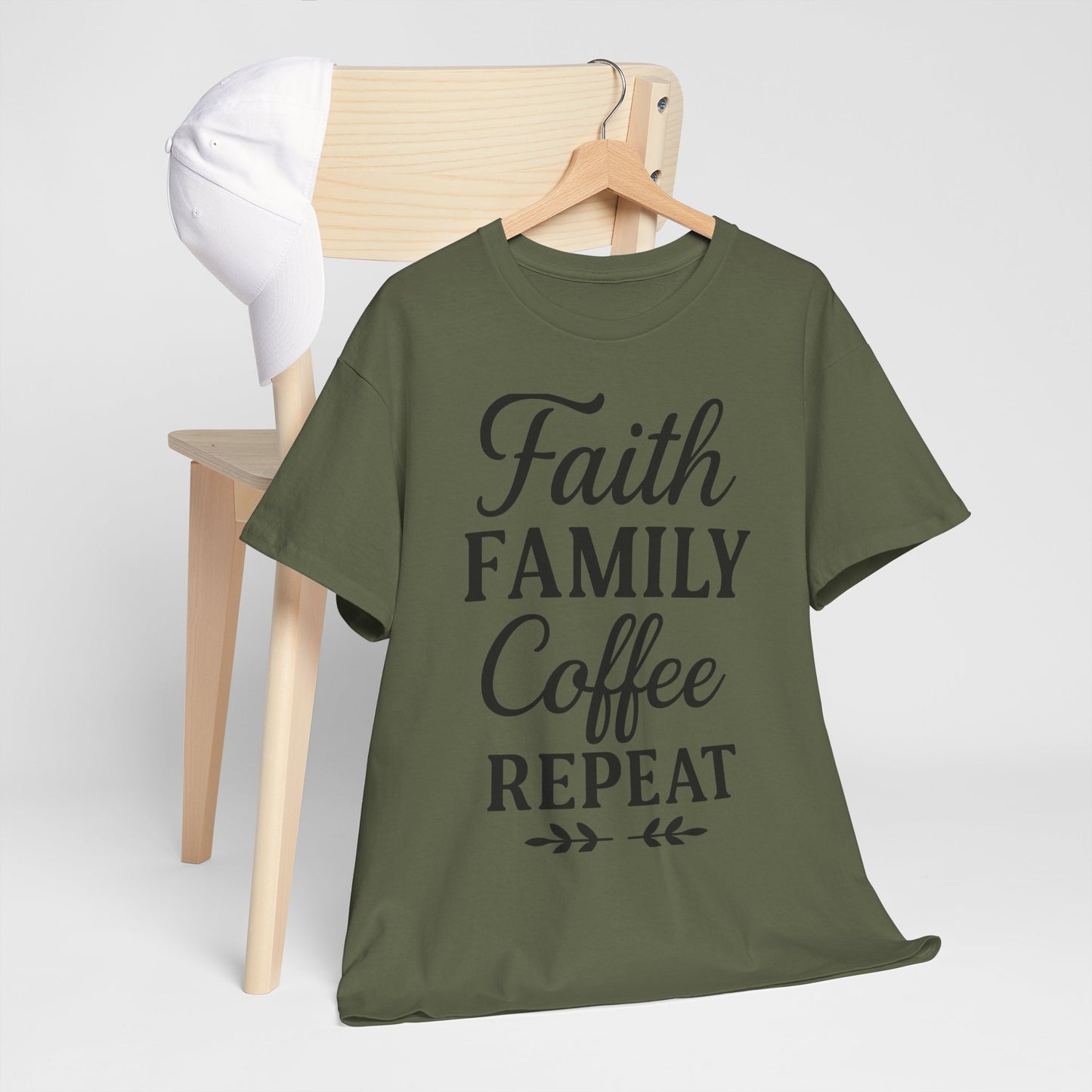Faith Family Coffee Repeat Unisex Heavy Cotton Tee – Christian Lifestyle Shirt for Everyday Inspiration