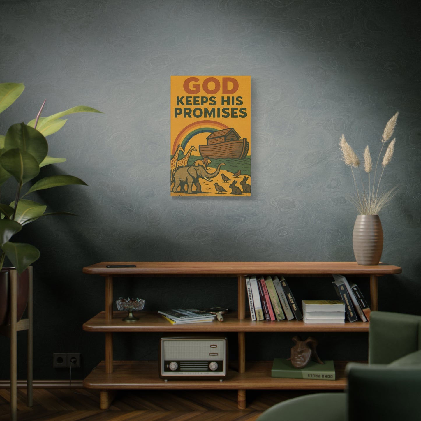 Noah’s Ark Wall Art | God Keeps His Promises Christian Poster – Rainbow Faith Illustration.