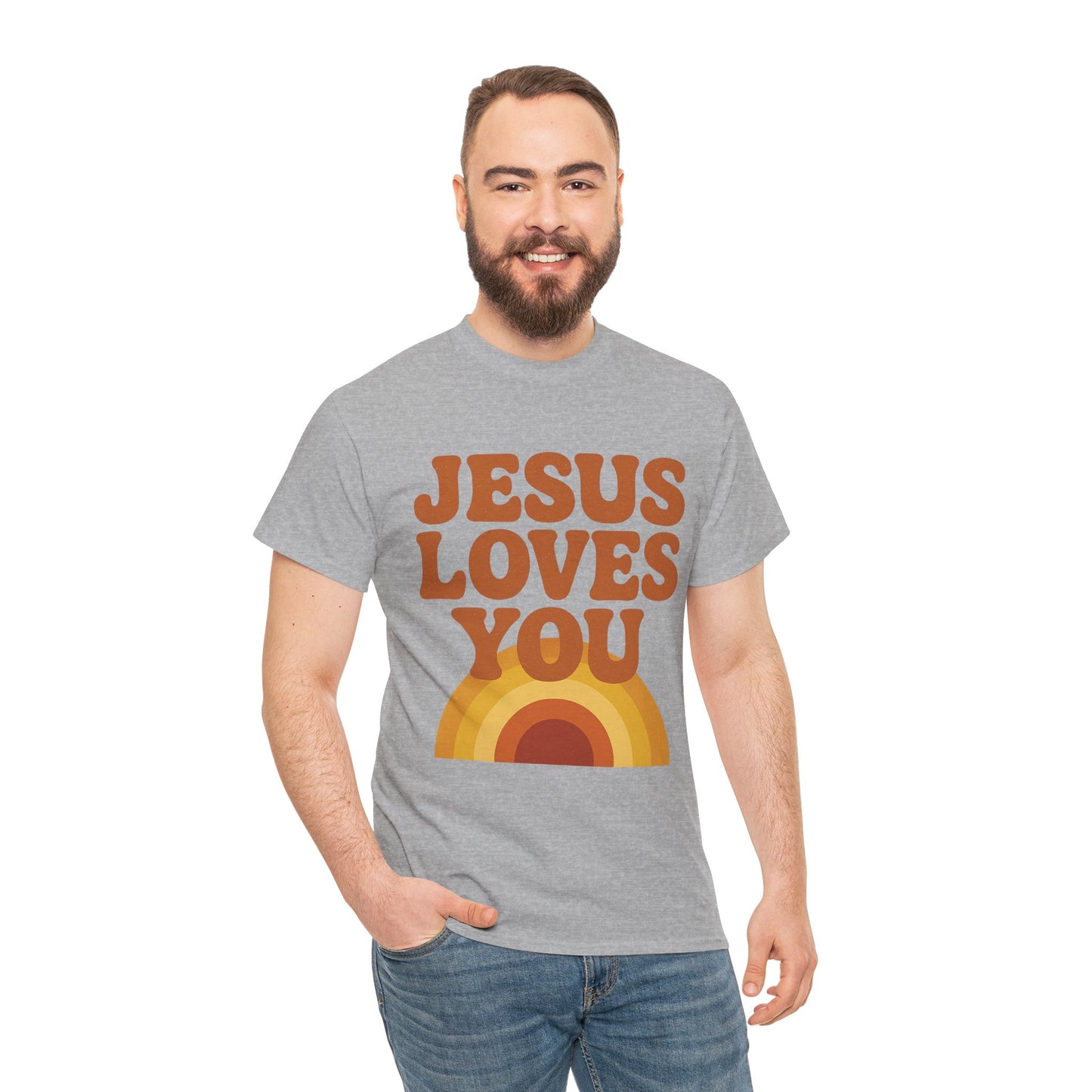 Jesus Loves You Rainbow Unisex Heavy Cotton Tee, Christian T-Shirt, Gift for Believers, Faith Apparel, Casual Wear, Spiritual Top