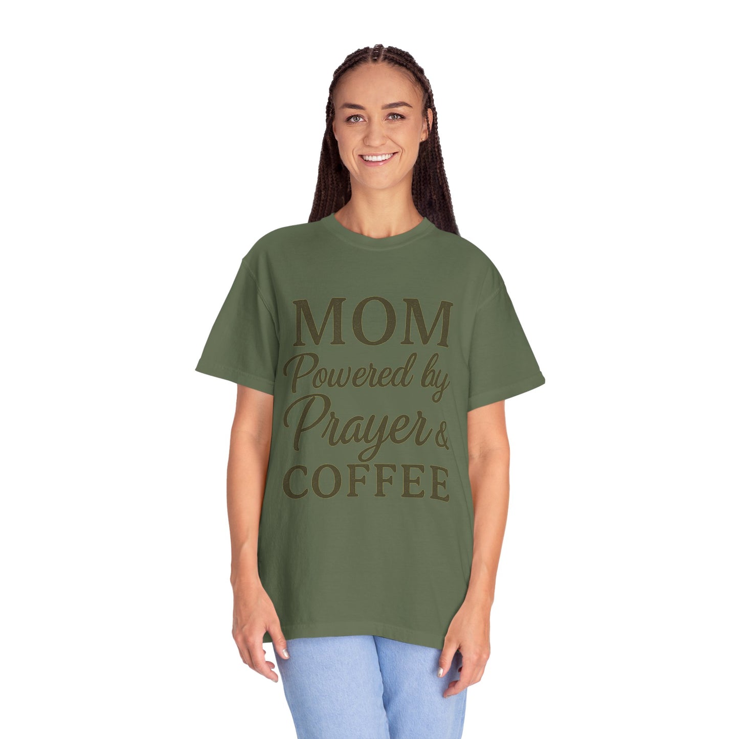 Mom Powered by Prayer & Coffee T-Shirt – Christian Faith Tee for Moms | Bold & Cozy Everyday Wear