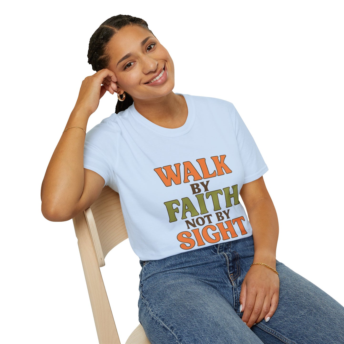 Walk by Faith Not by Sight Christian T-Shirt – Inspirational Bible Verse Tee for Women & Men.