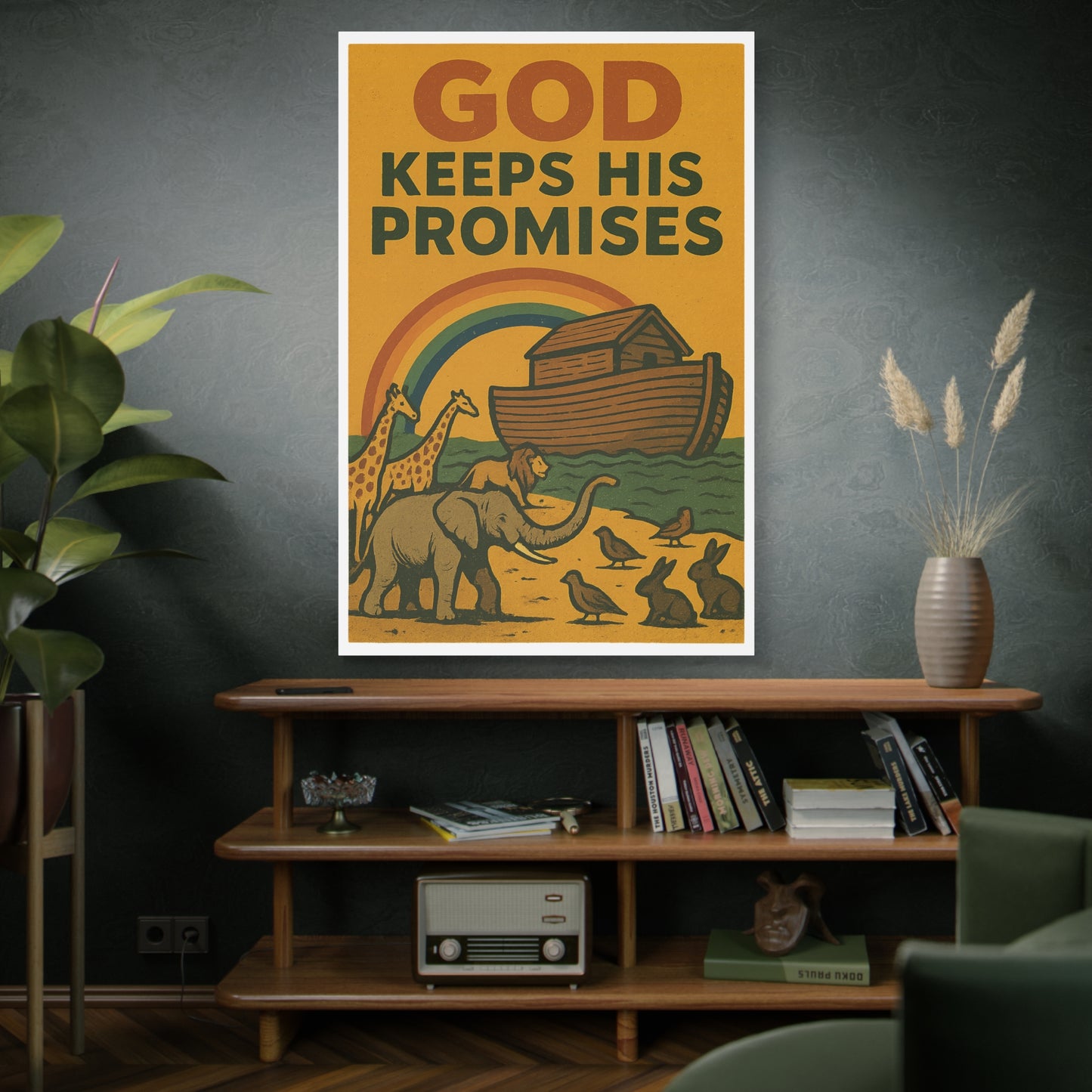 Noah’s Ark Wall Art | God Keeps His Promises Christian Poster – Rainbow Faith Illustration.