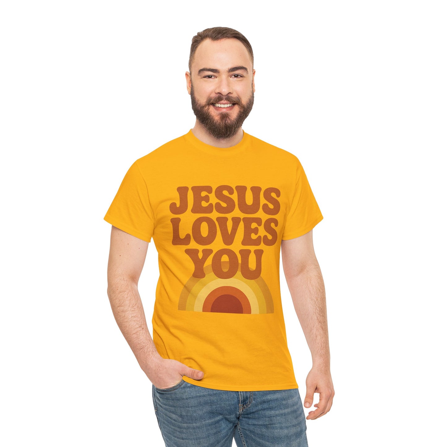 Jesus Loves You Rainbow Unisex Heavy Cotton Tee, Christian T-Shirt, Gift for Believers, Faith Apparel, Casual Wear, Spiritual Top