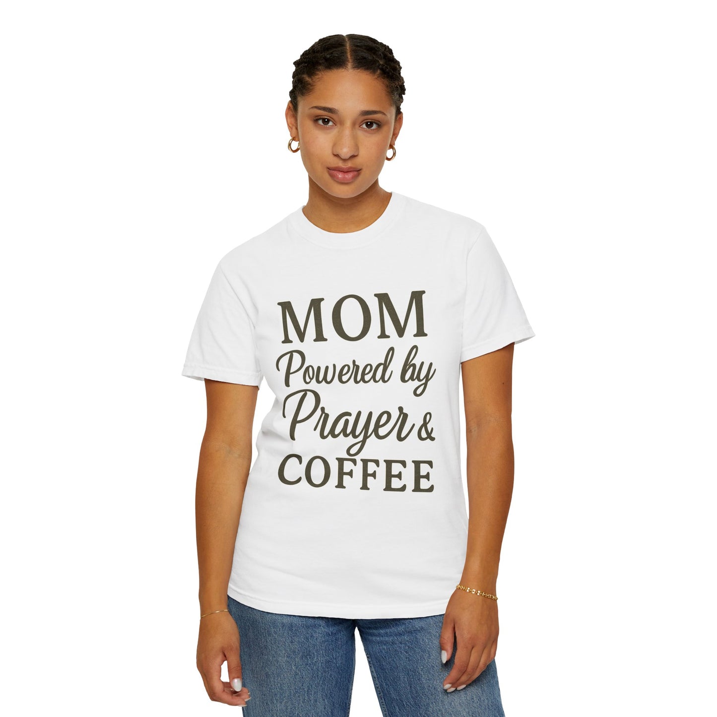 Mom Powered by Prayer & Coffee T-Shirt – Christian Faith Tee for Moms | Bold & Cozy Everyday Wear