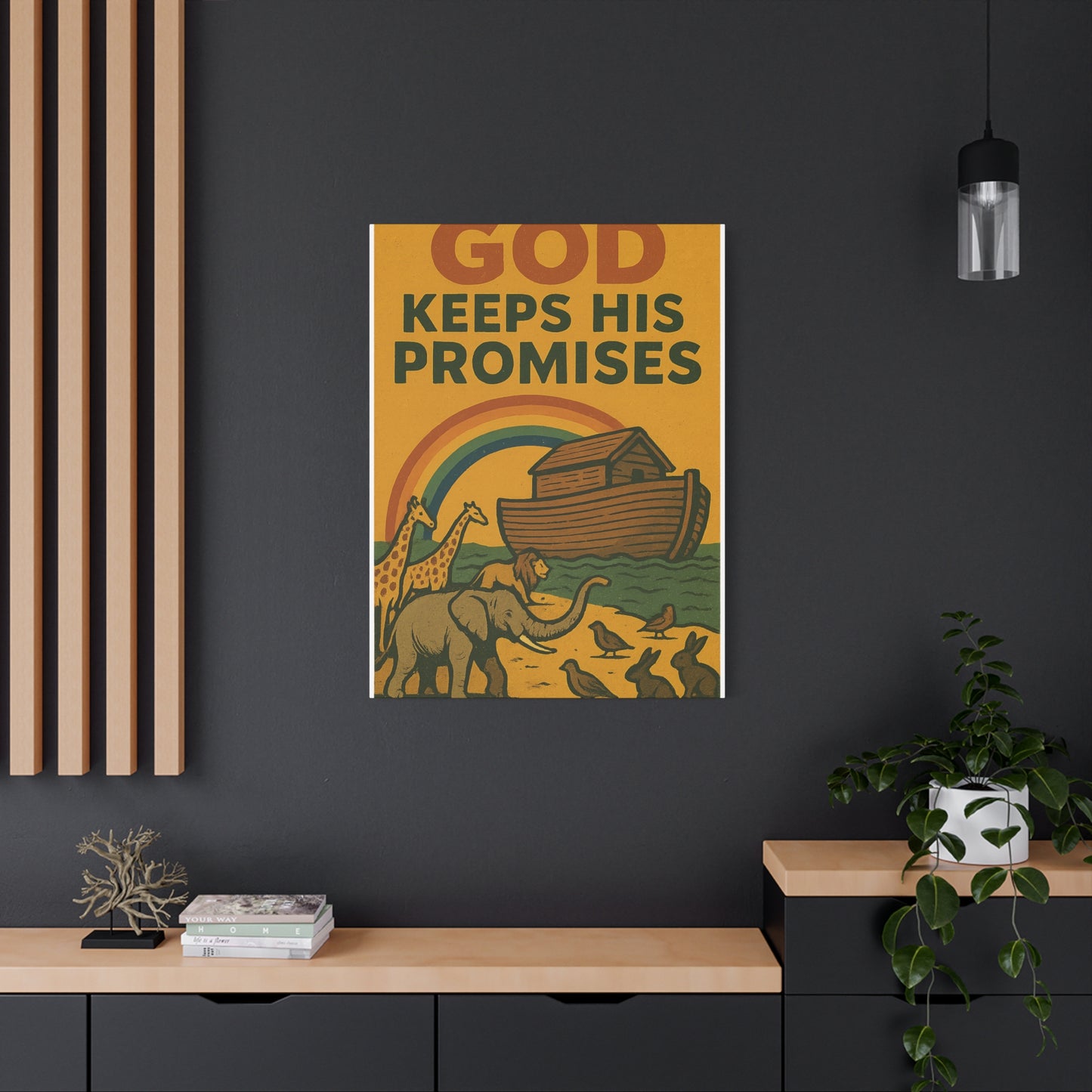 Noah’s Ark Wall Art | God Keeps His Promises Christian Poster – Rainbow Faith Illustration.