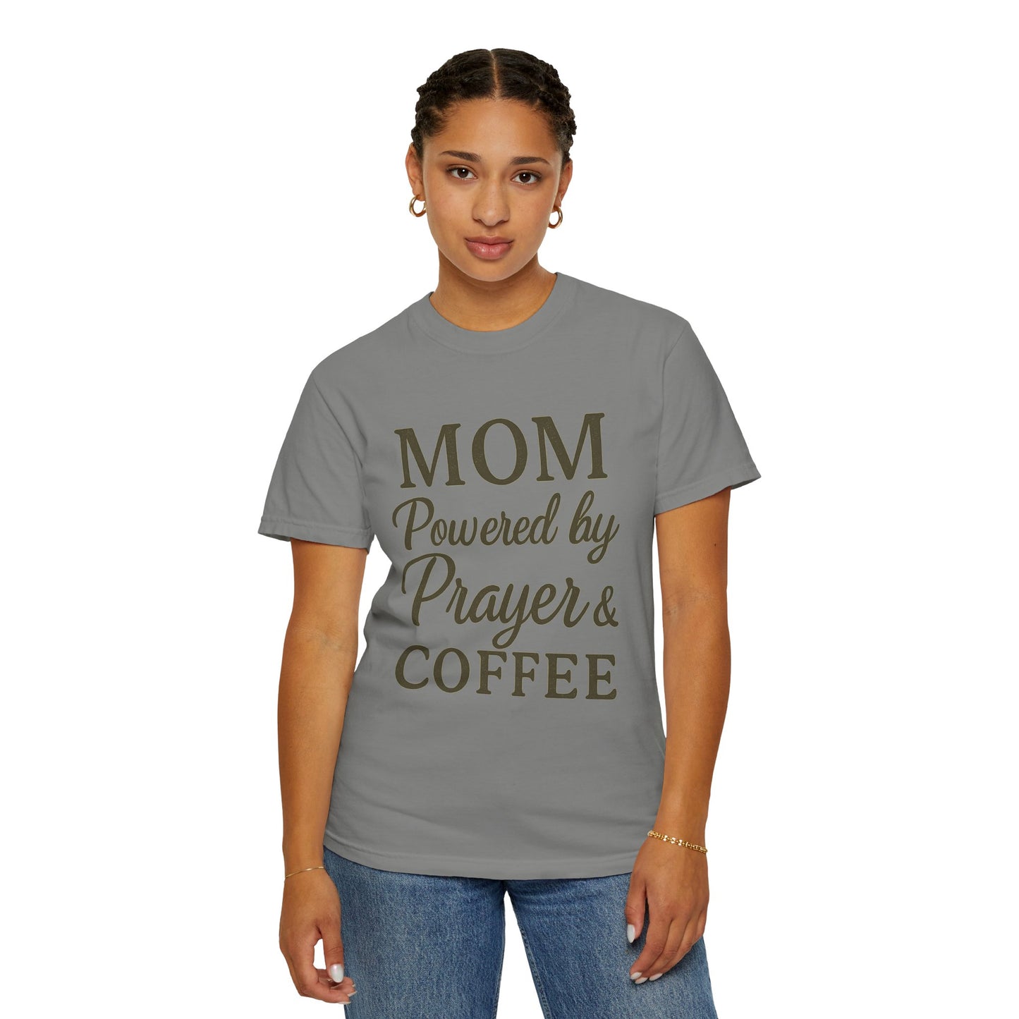 Mom Powered by Prayer & Coffee T-Shirt – Christian Faith Tee for Moms | Bold & Cozy Everyday Wear