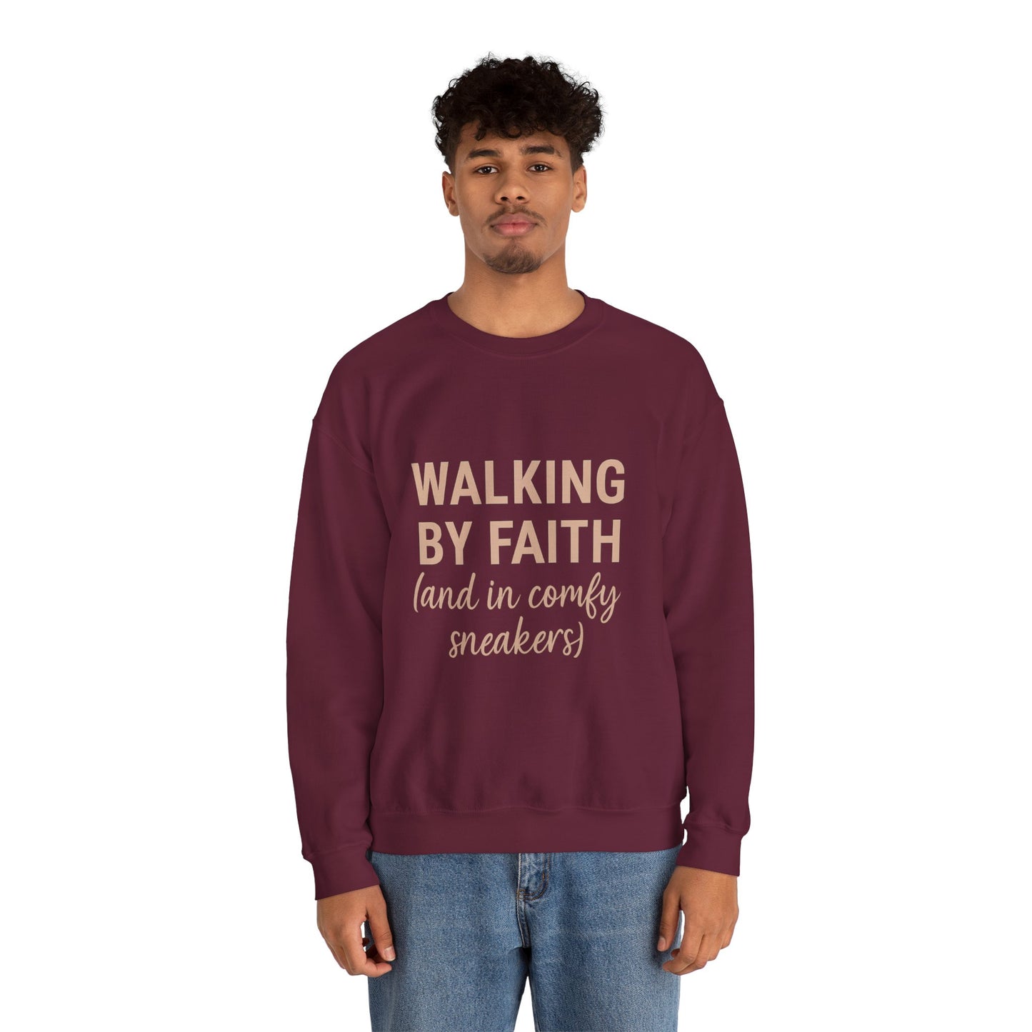“Walking by Faith (and in Comfy Sneakers) Unisex Christian Sweatshirt”