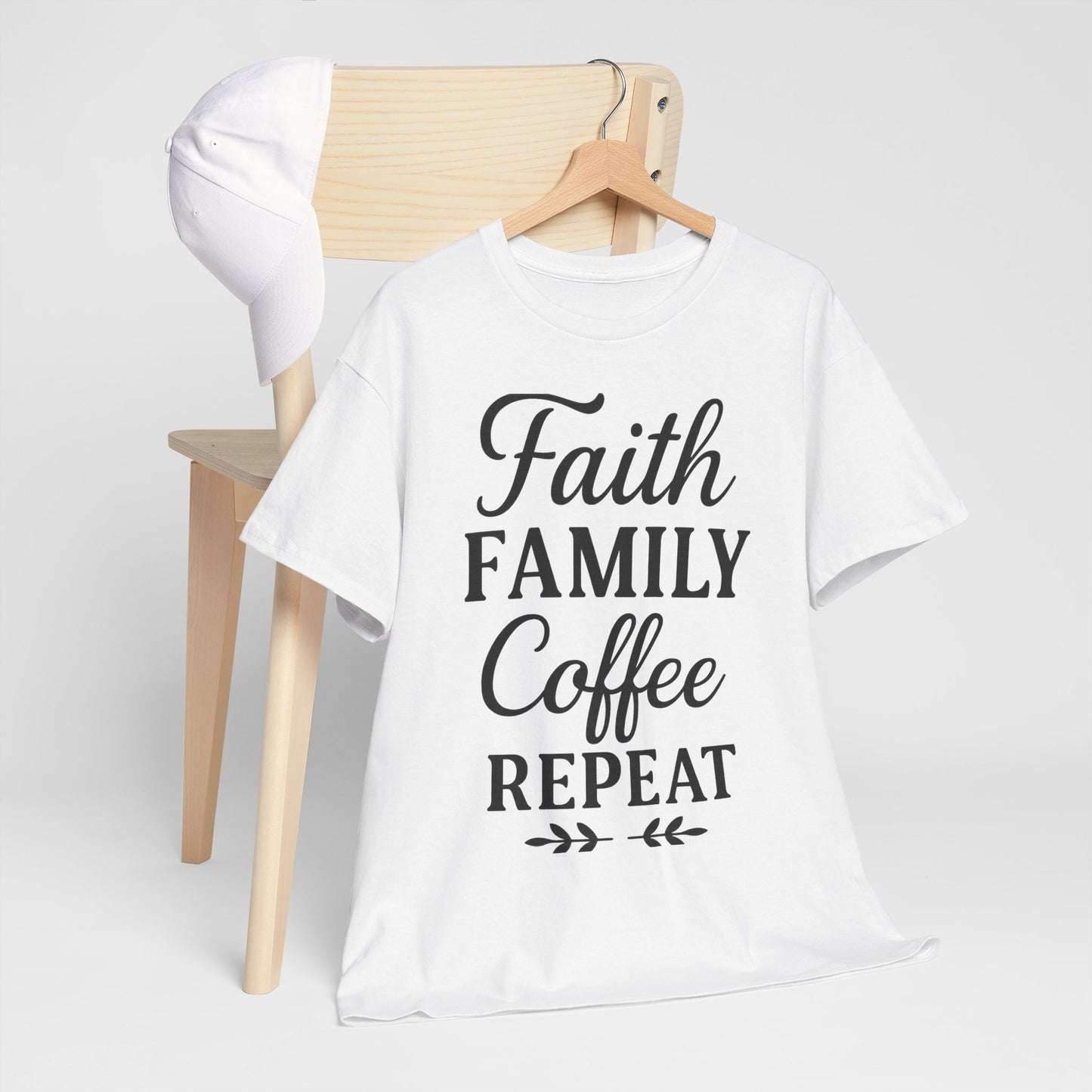 Faith Family Coffee Repeat Unisex Heavy Cotton Tee – Christian Lifestyle Shirt for Everyday Inspiration
