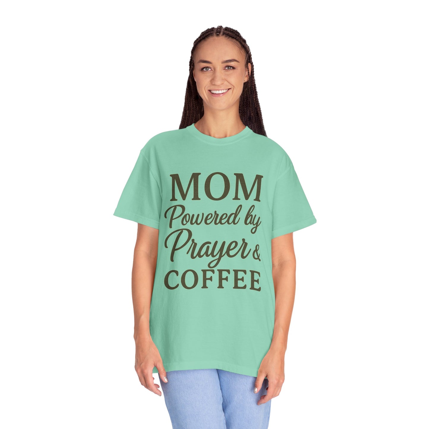 Mom Powered by Prayer & Coffee T-Shirt – Christian Faith Tee for Moms | Bold & Cozy Everyday Wear