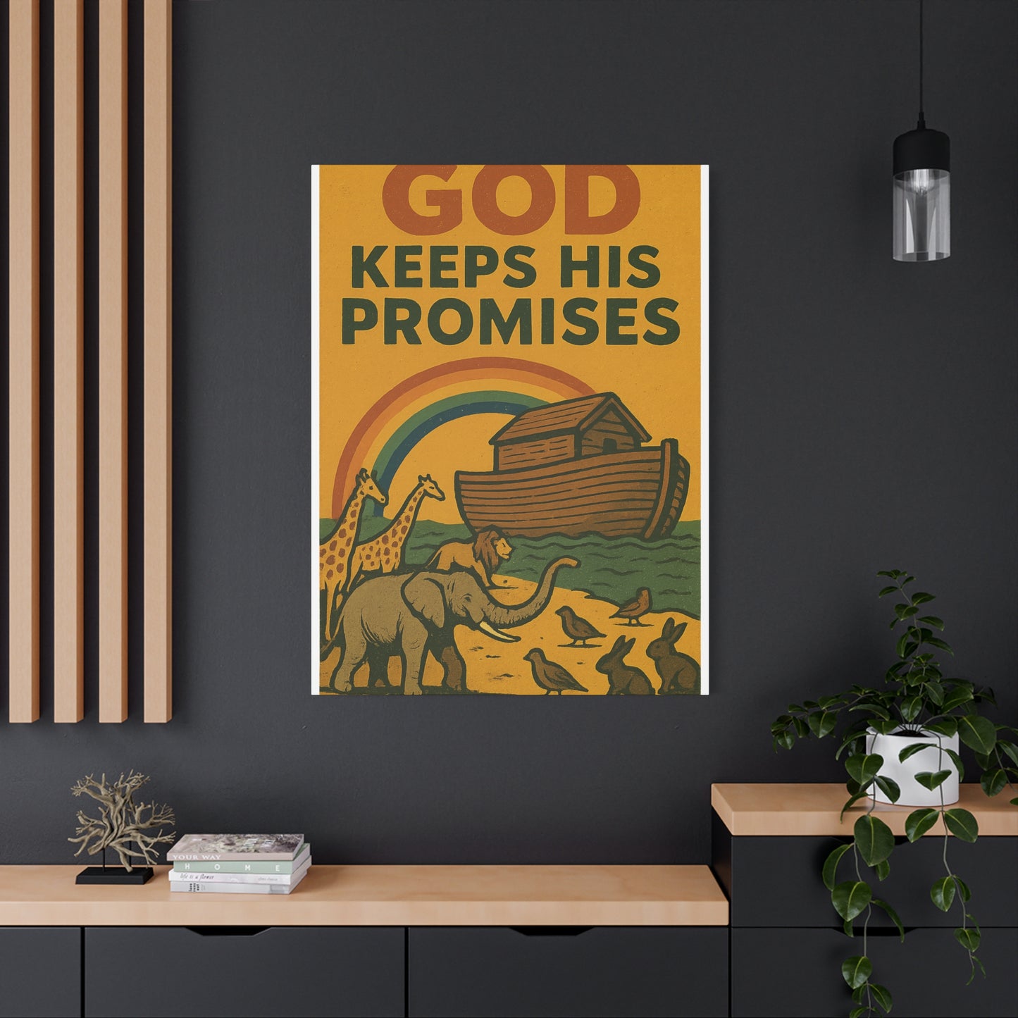 Noah’s Ark Wall Art | God Keeps His Promises Christian Poster – Rainbow Faith Illustration.