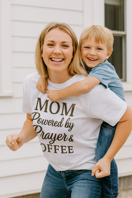Mom Powered by Prayer & Coffee T-Shirt – Christian Faith Tee for Moms | Bold & Cozy Everyday Wear